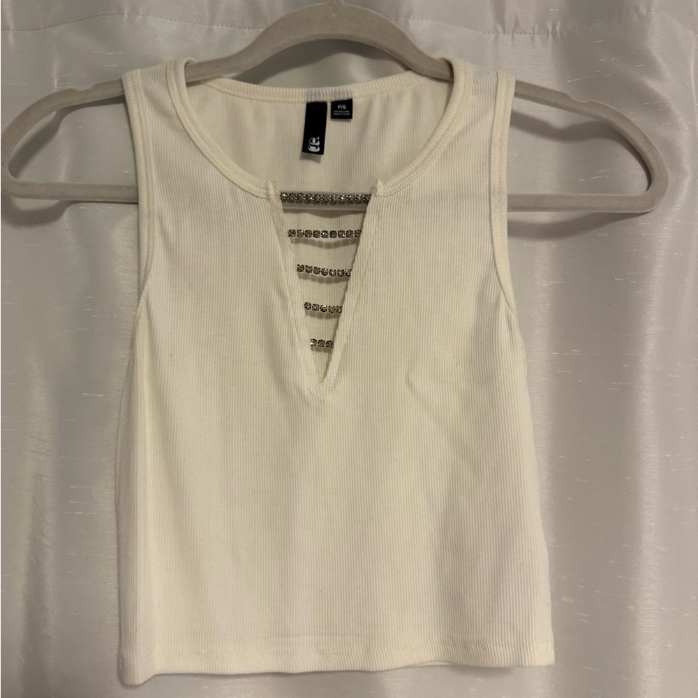 Garage white tank top with bedazzled detail